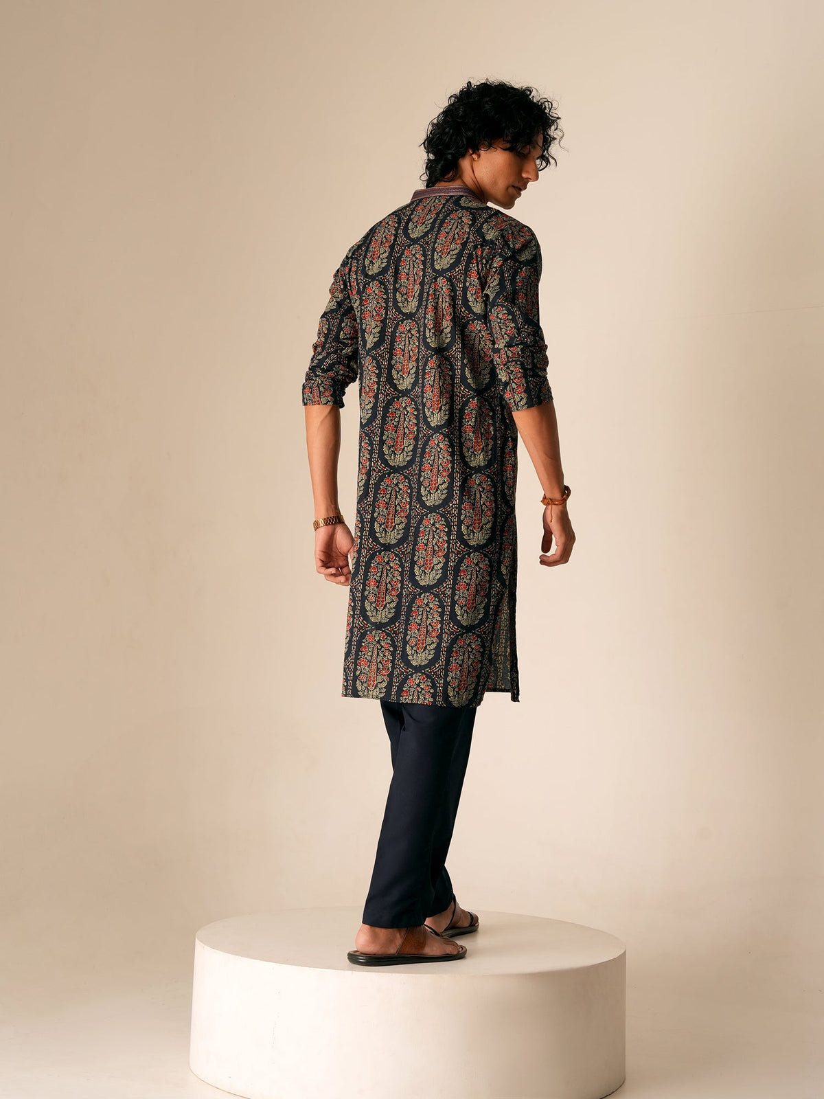 Men Navy Blue Cotton Print Kurta