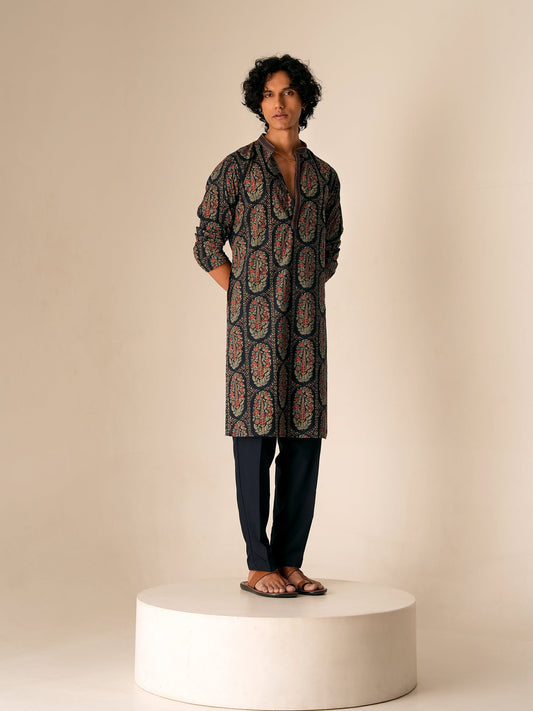Men Navy Blue Cotton Print Kurta