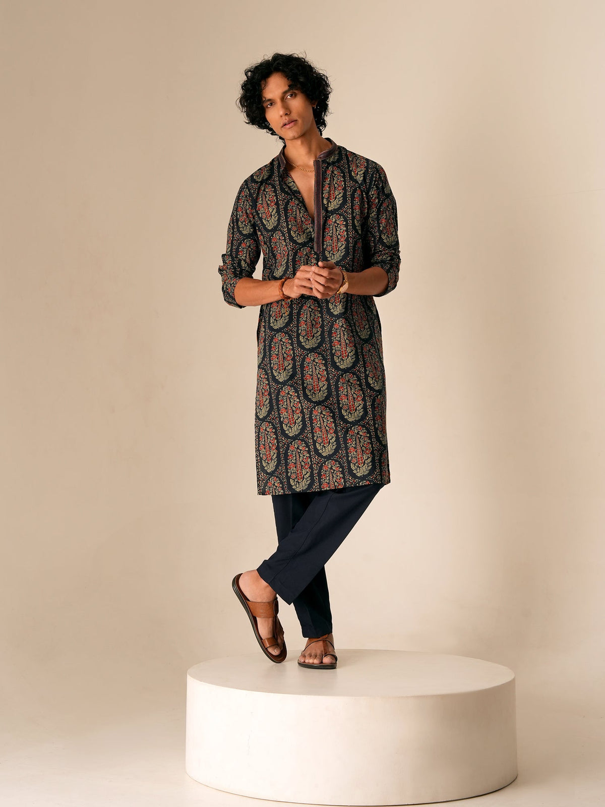 Men Navy Blue Cotton Print Kurta