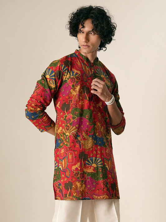Mens Multicolor Cotton Print Mid Kurta