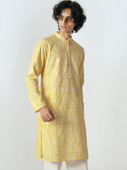 Mens Yellow Polyester Embroidery Kurta