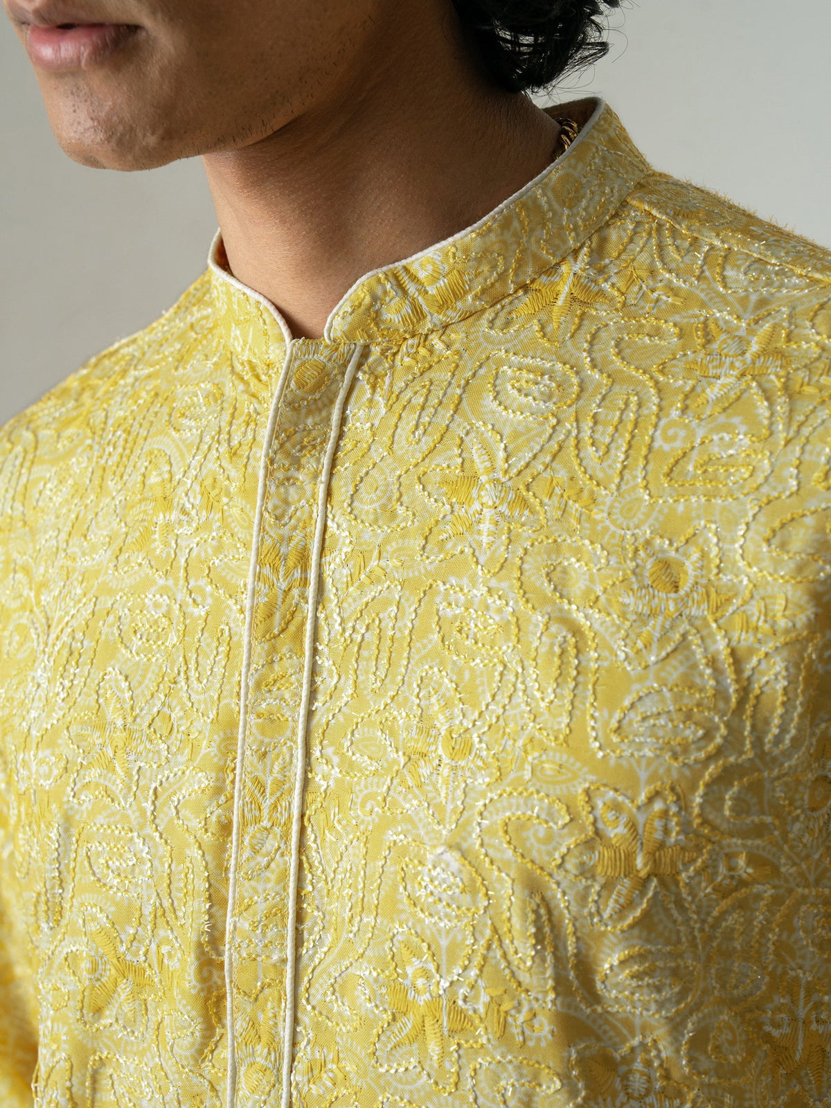 Mens Yellow Polyester Embroidery Kurta