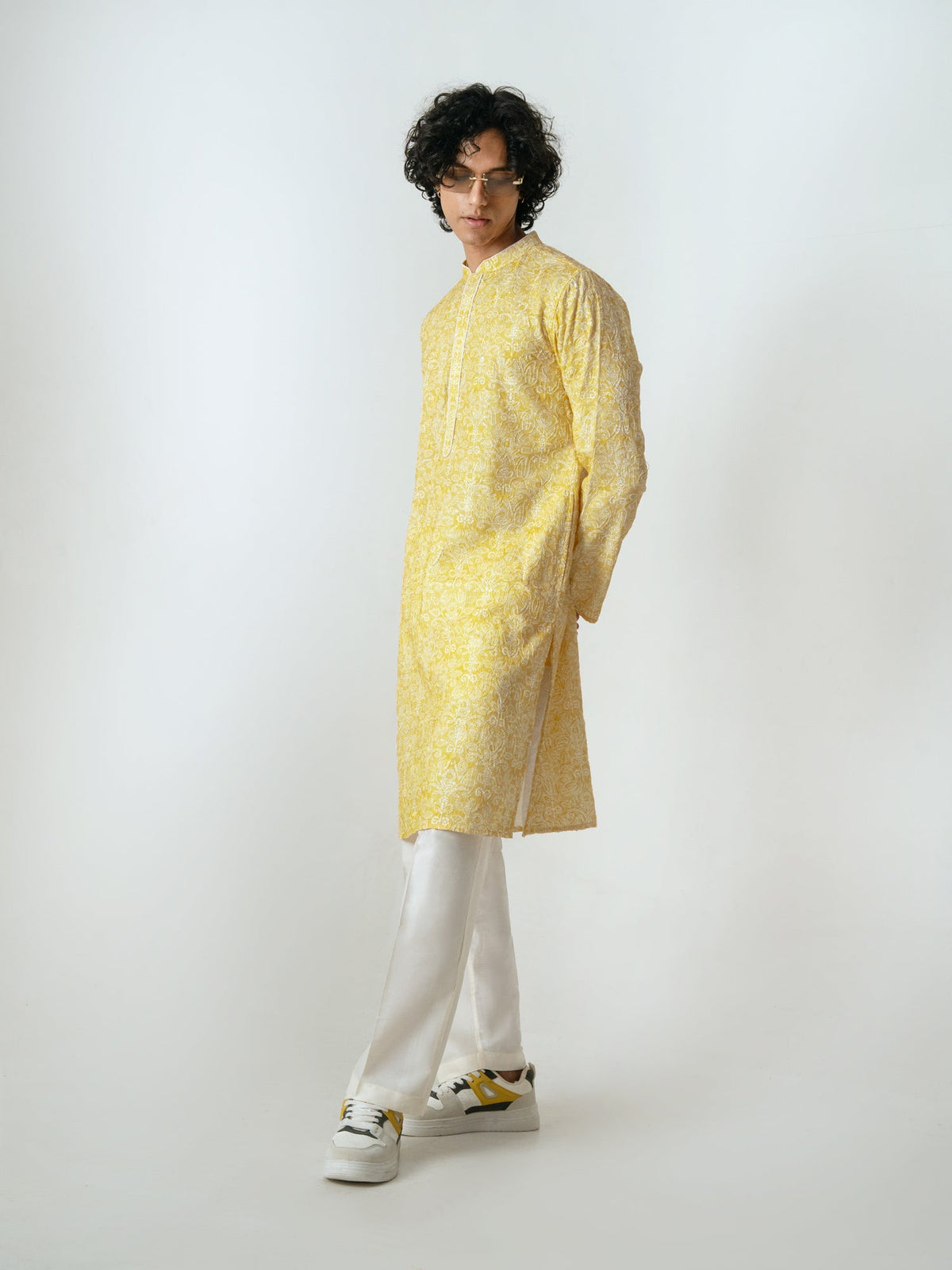 Mens Yellow Polyester Embroidery Kurta