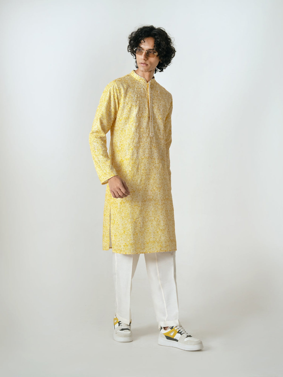 Mens Yellow Polyester Embroidery Kurta