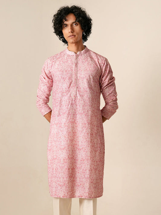 Mens Pink Polyester Embroidery Kurta