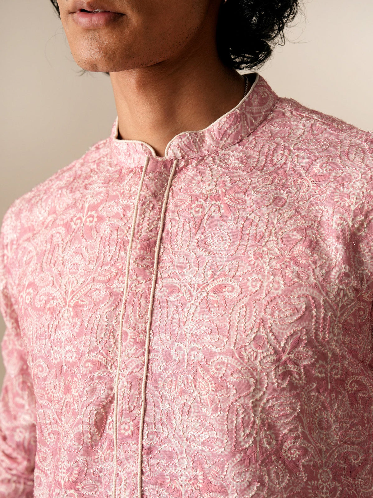 Mens Pink Polyester Embroidery Kurta