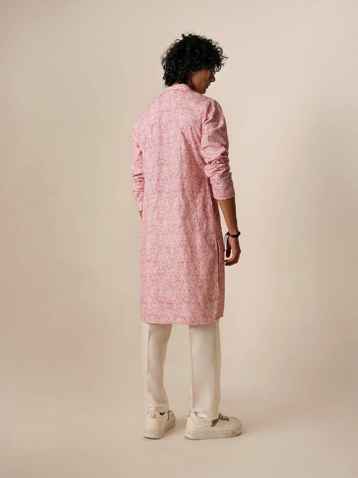 Mens Pink Polyester Embroidery Kurta