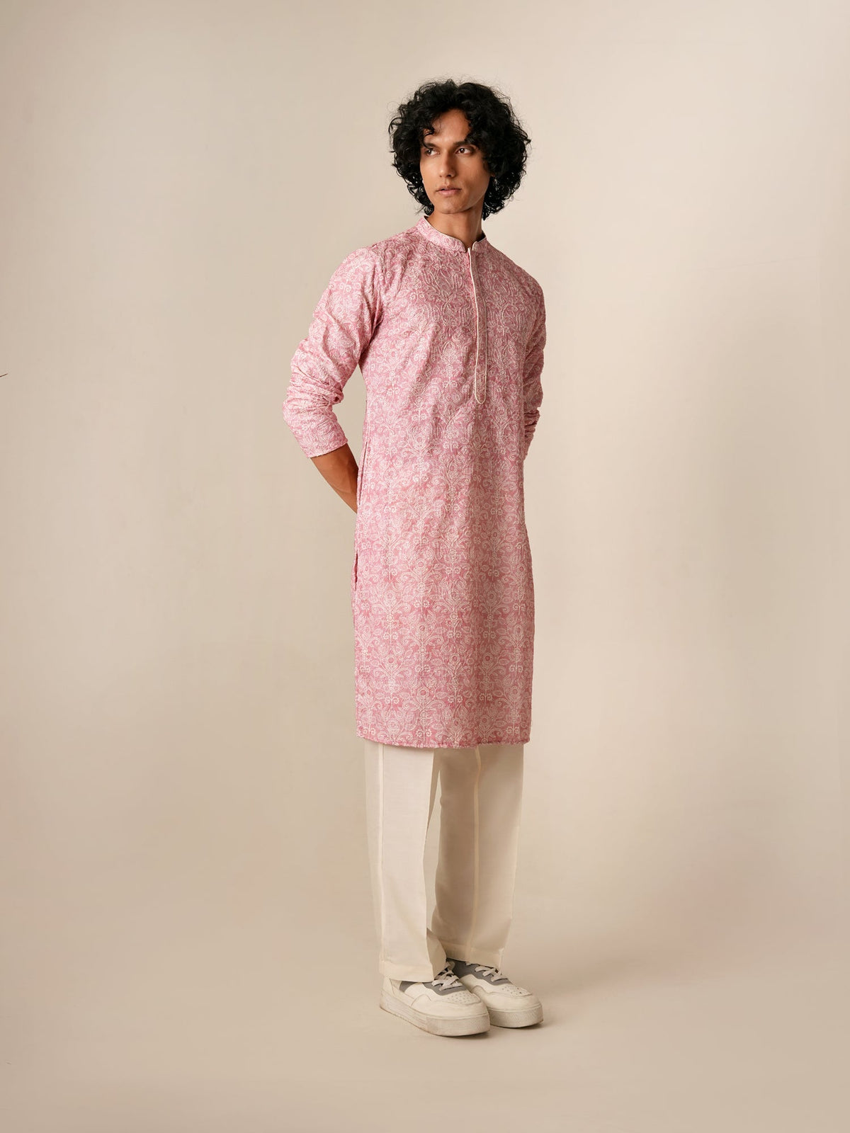 Mens Pink Polyester Embroidery Kurta