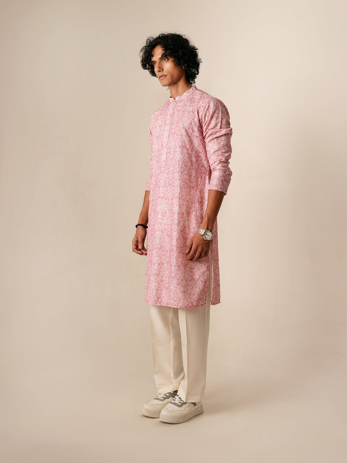 Mens Pink Polyester Embroidery Kurta