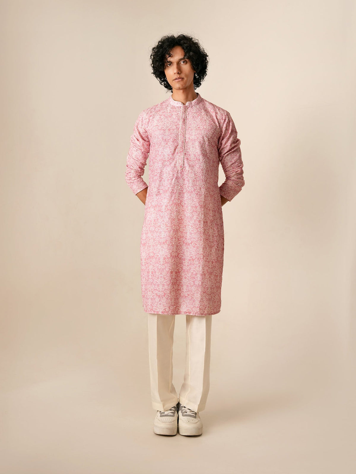 Mens Pink Polyester Embroidery Kurta