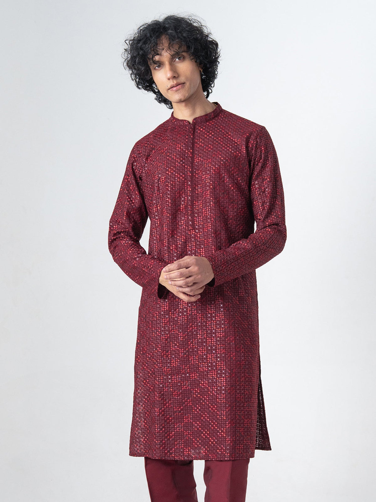 Mens Maroon Blended Embroidery Kurta