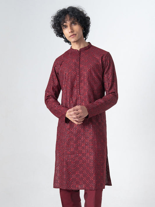 Mens Maroon Blended Embroidery Kurta