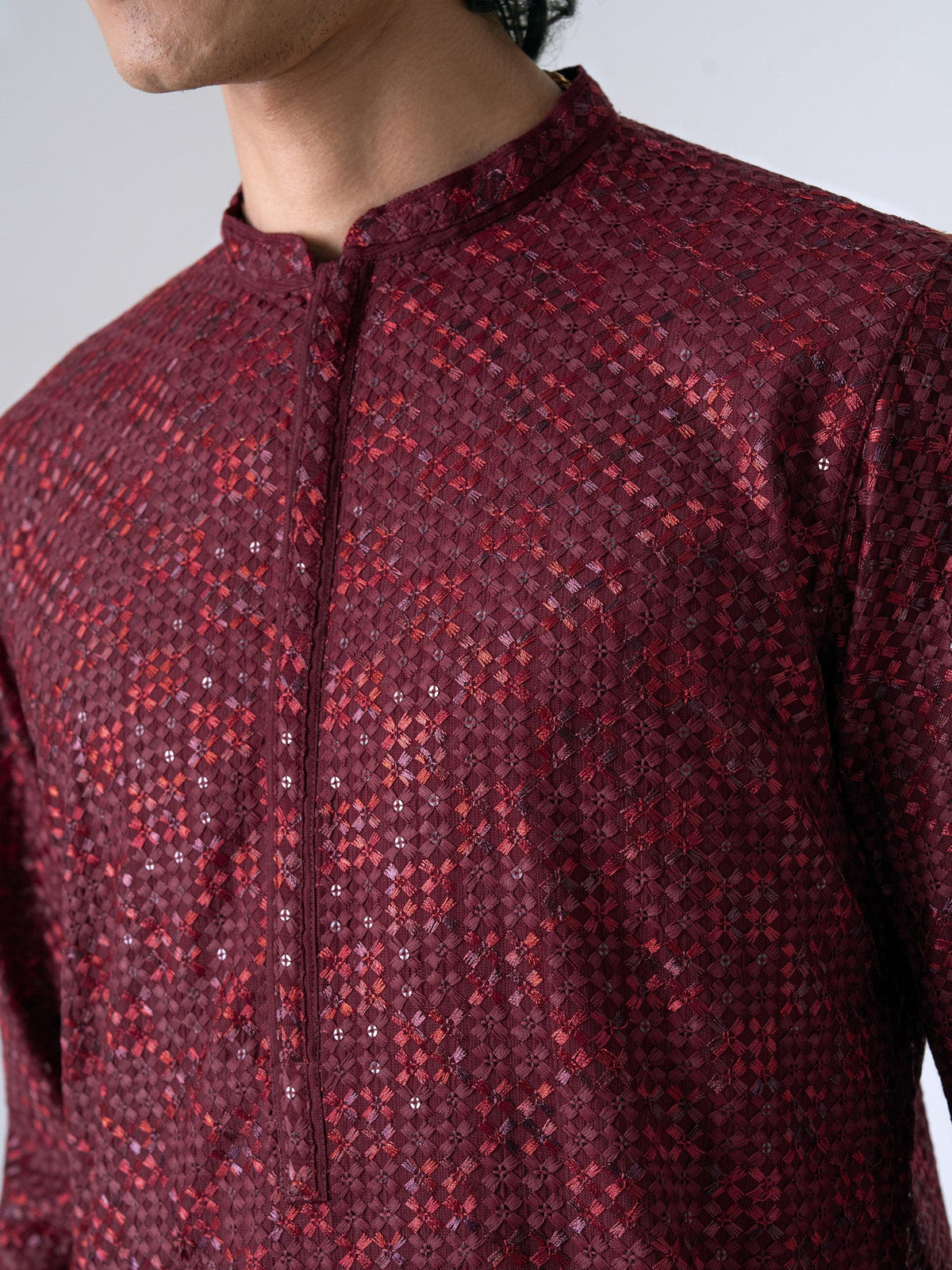 Mens Maroon Blended Embroidery Kurta
