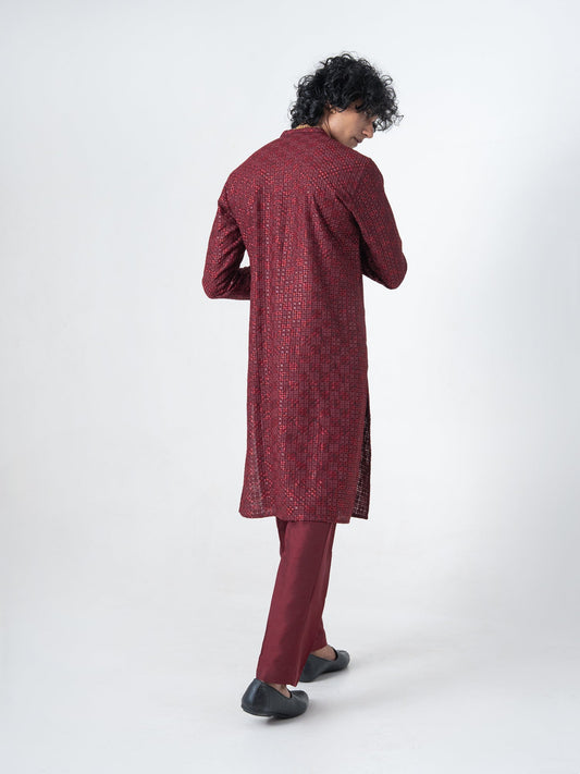 Mens Maroon Blended Embroidery Kurta