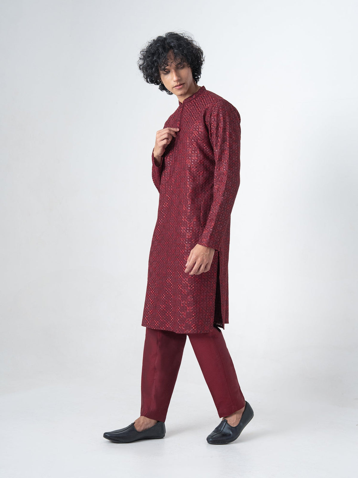 Mens Maroon Blended Embroidery Kurta