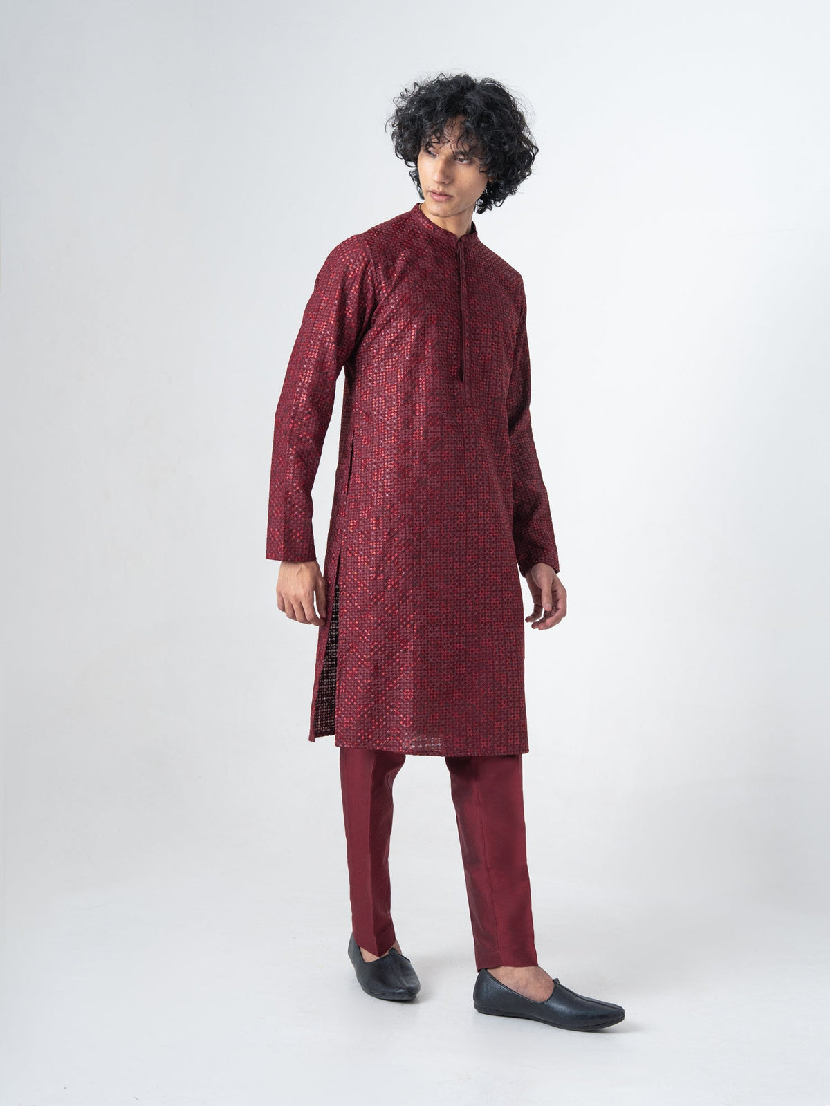 Mens Maroon Blended Embroidery Kurta