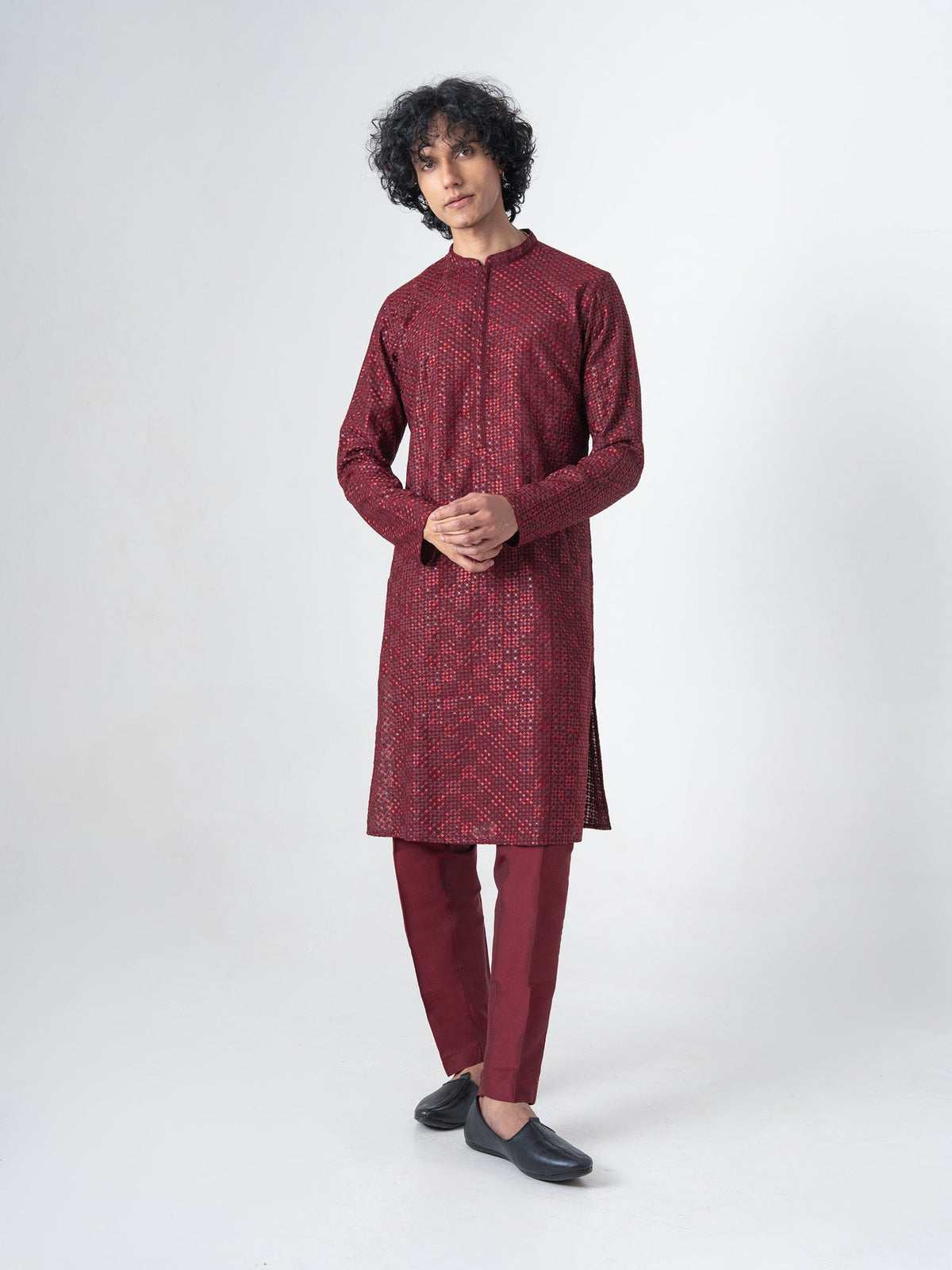 Mens Maroon Blended Embroidery Kurta