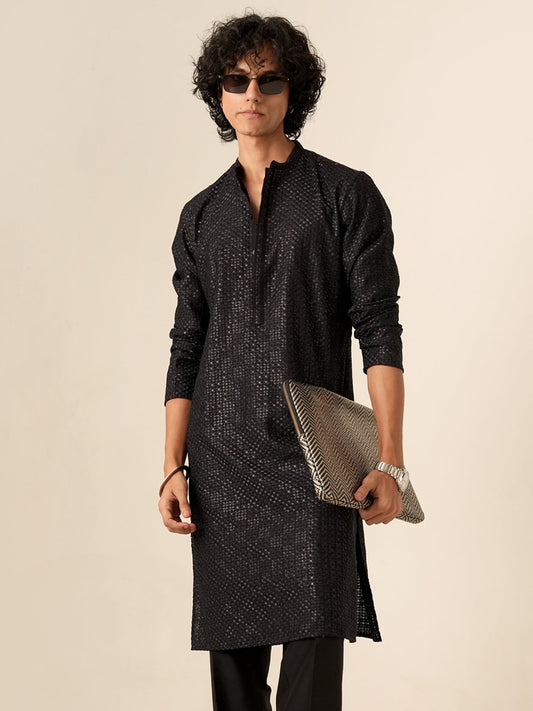 Mens Navy Blue Blended Embroidery Kurta