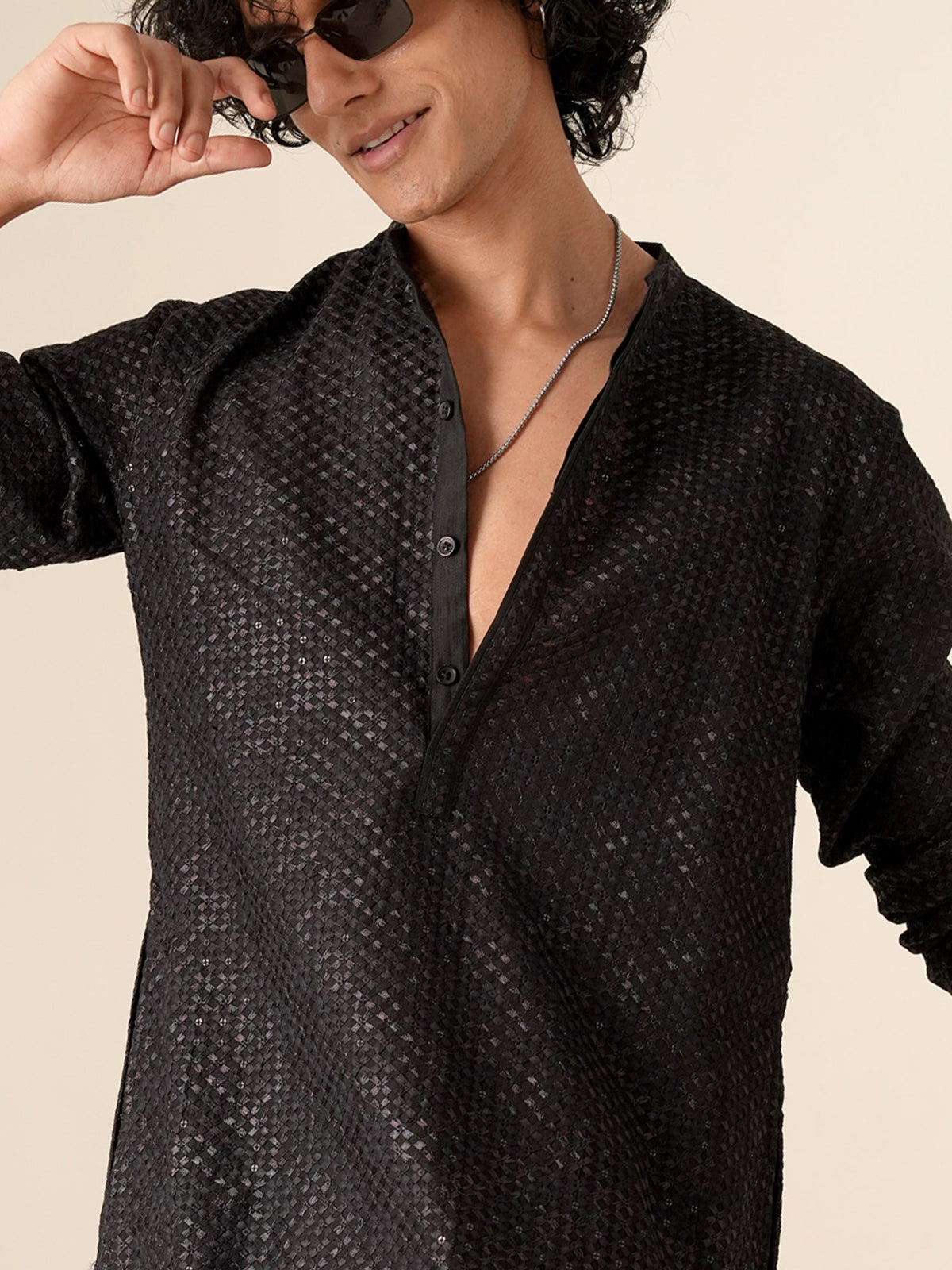 Mens Navy Blue Blended Embroidery Kurta