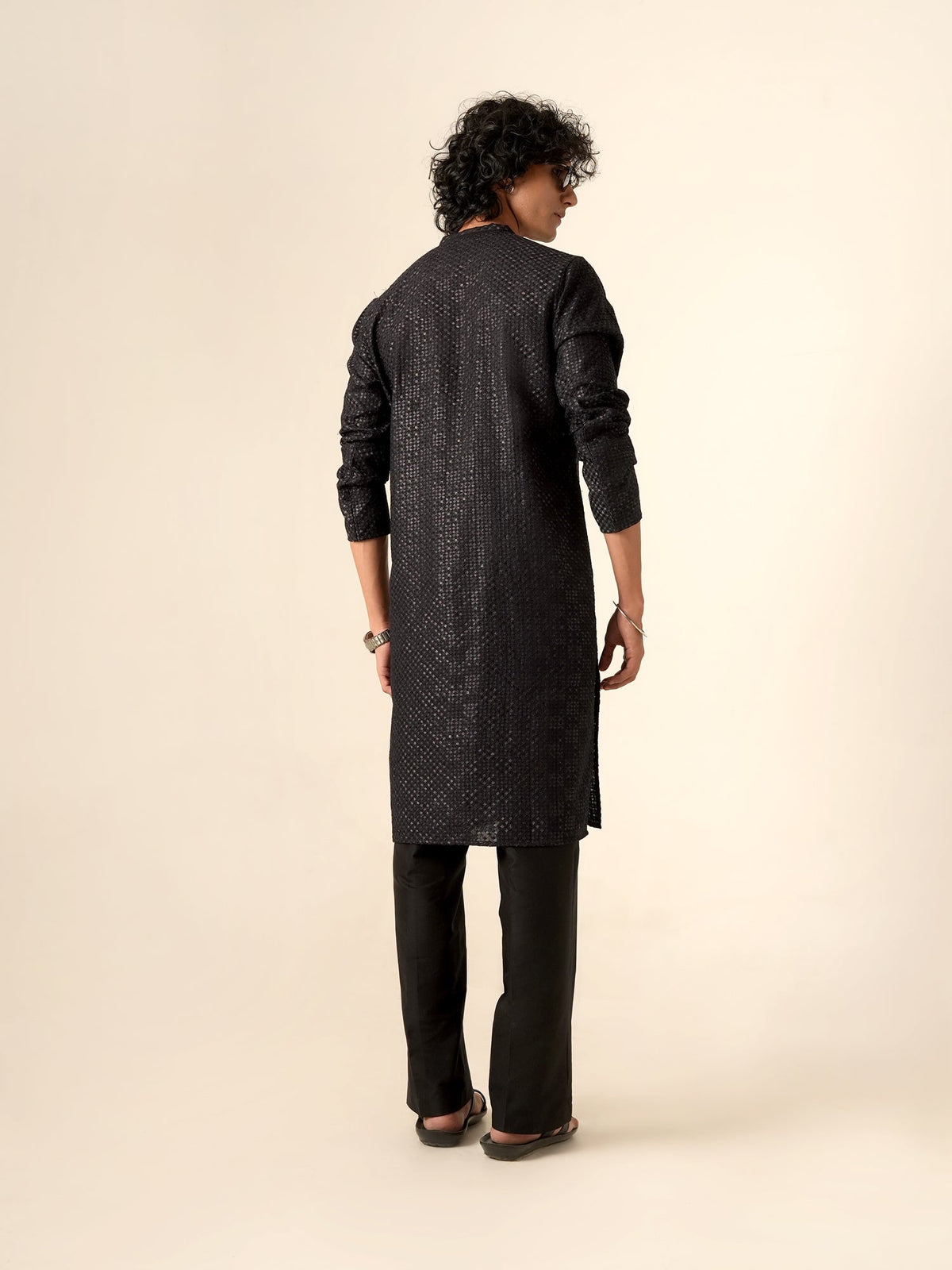 Mens Navy Blue Blended Embroidery Kurta