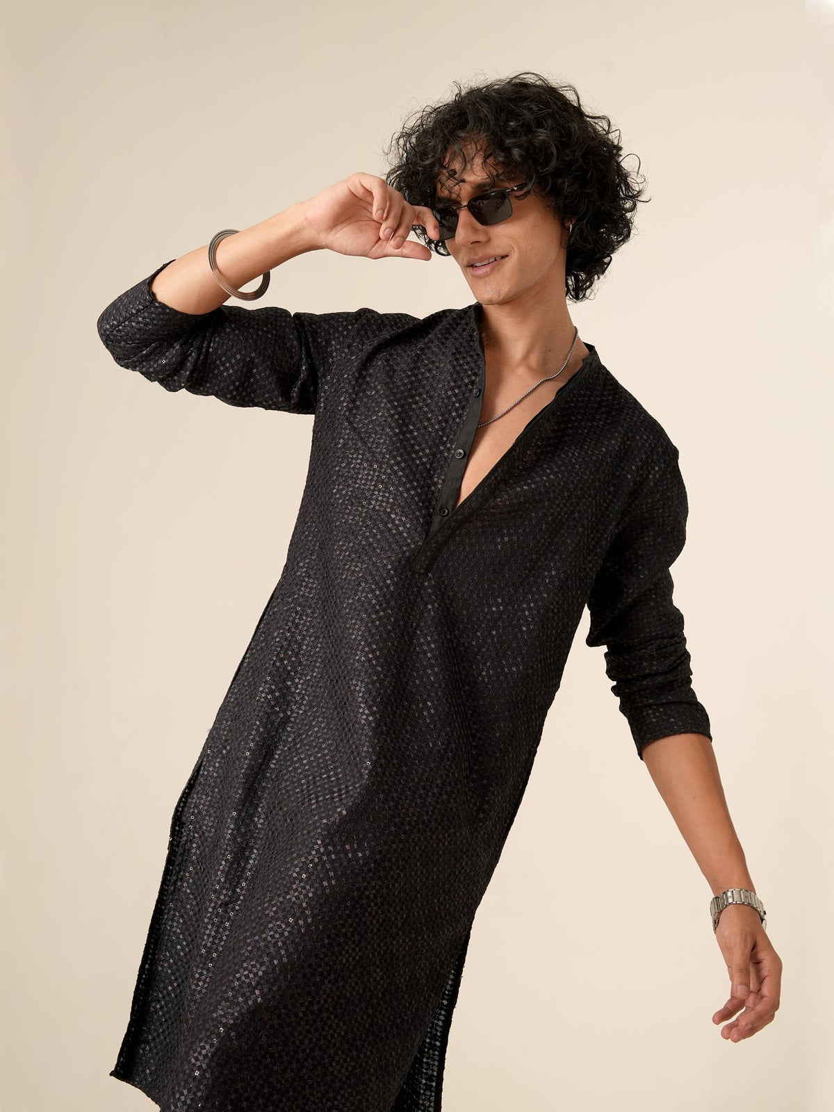 Mens Navy Blue Blended Embroidery Kurta