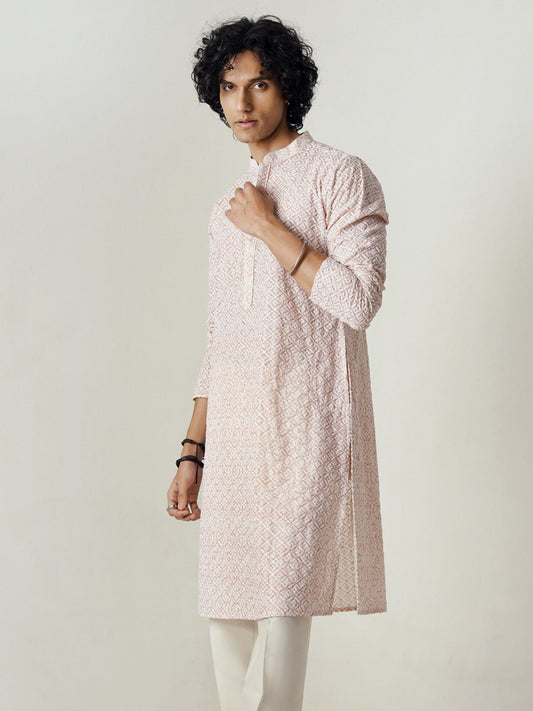 Mens Peach Polyester Embroidery Kurta