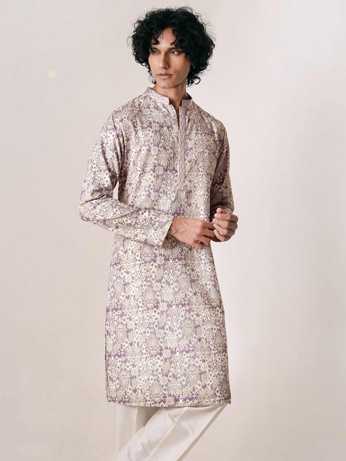 Mens Lavender Polyester Embroidery Kurta
