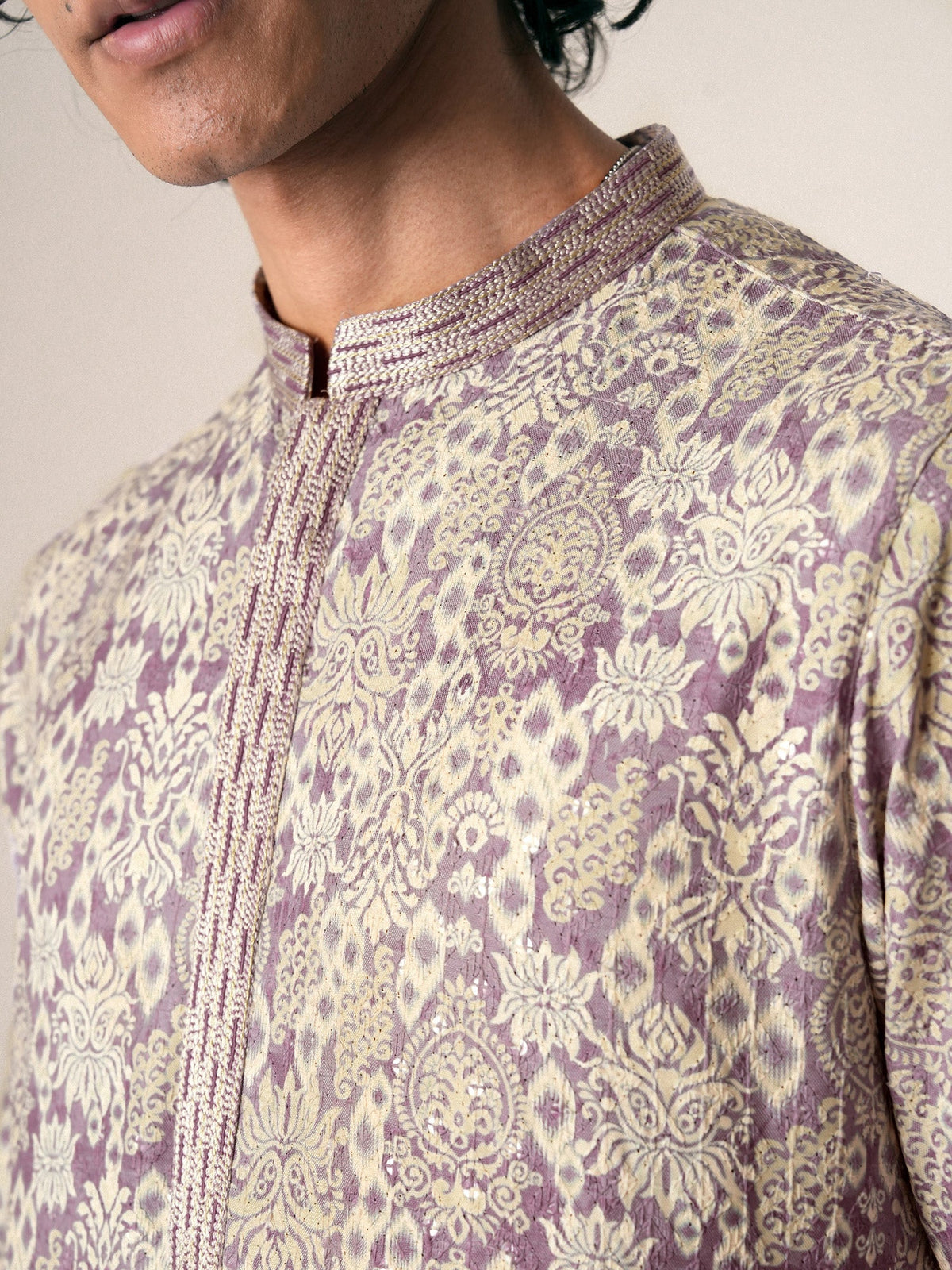 Mens Lavender Polyester Embroidery Kurta