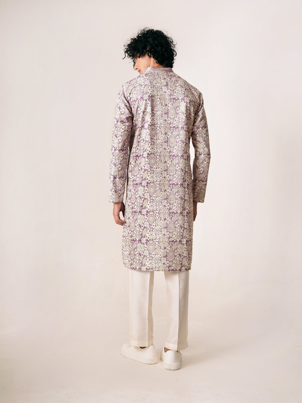 Mens Lavender Polyester Embroidery Kurta