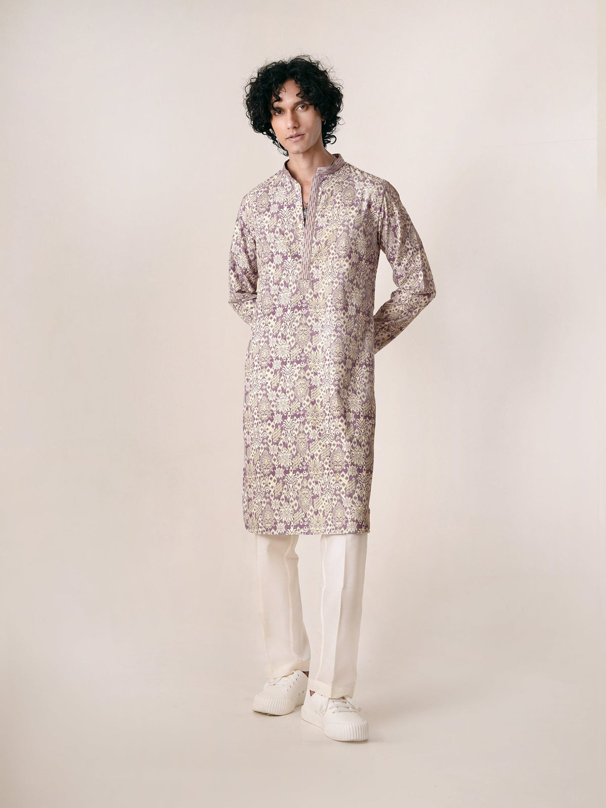 Mens Lavender Polyester Embroidery Kurta