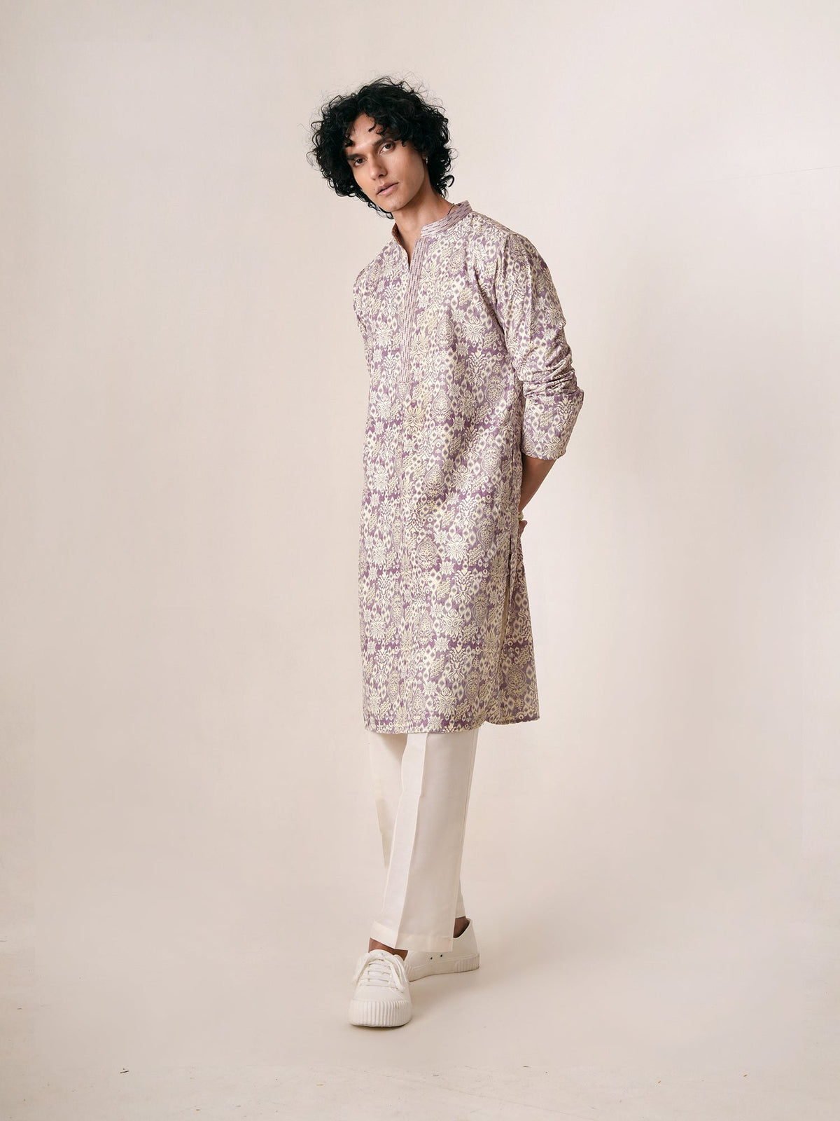 Mens Lavender Polyester Embroidery Kurta