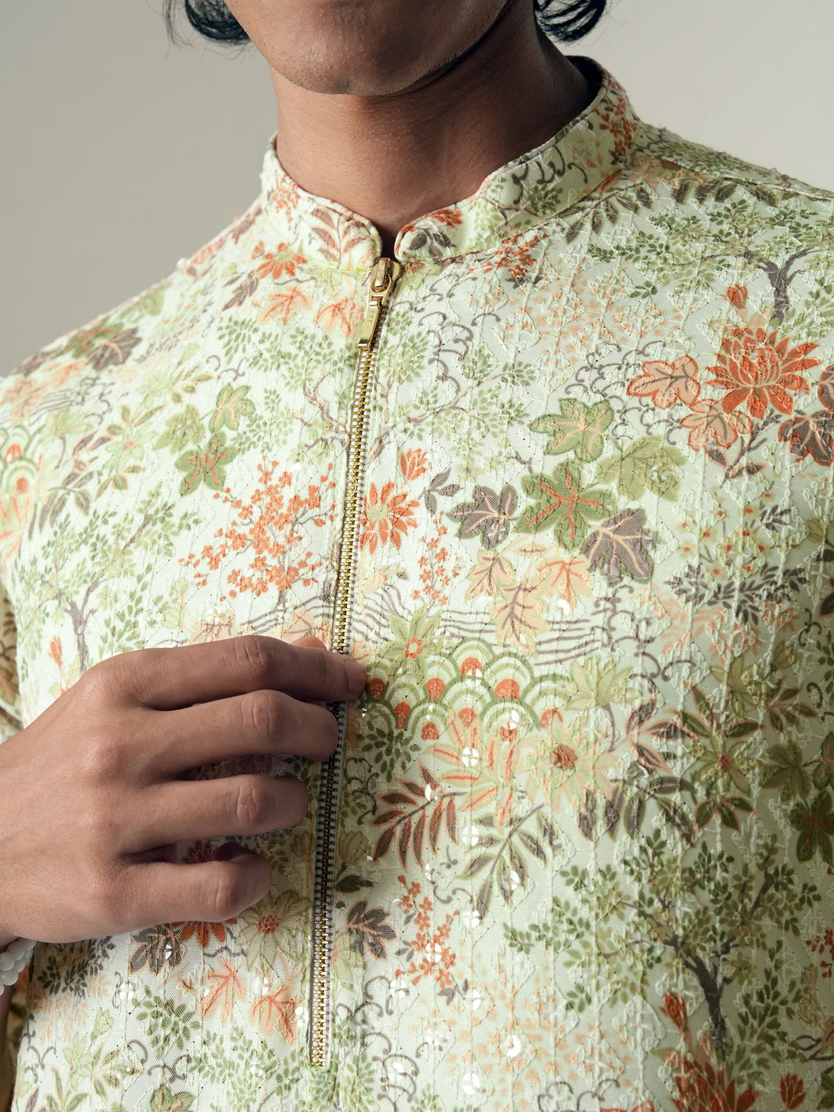 Mens Multicolor Polyester Embroidery Zip Kurta