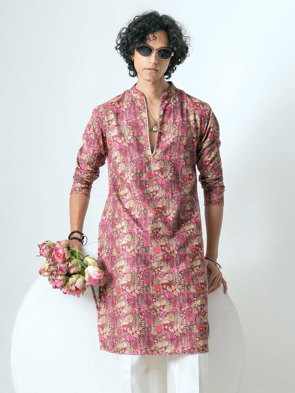 Mens Multicolor Polyester Embroidery Zip Kurta