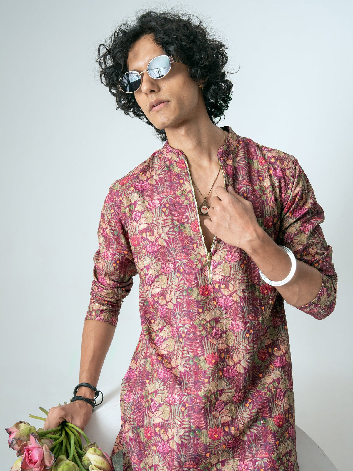 Mens Multicolor Polyester Embroidery Zip Kurta