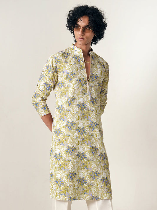 Mens Yellow Polyester Embroidery Zip Kurta
