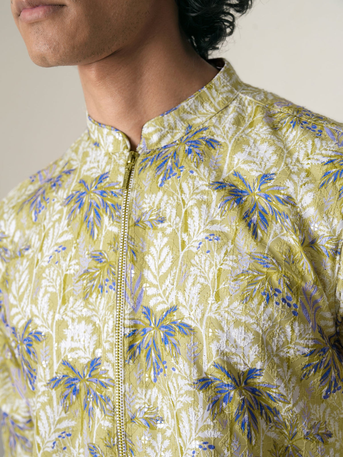 Mens Yellow Polyester Embroidery Zip Kurta