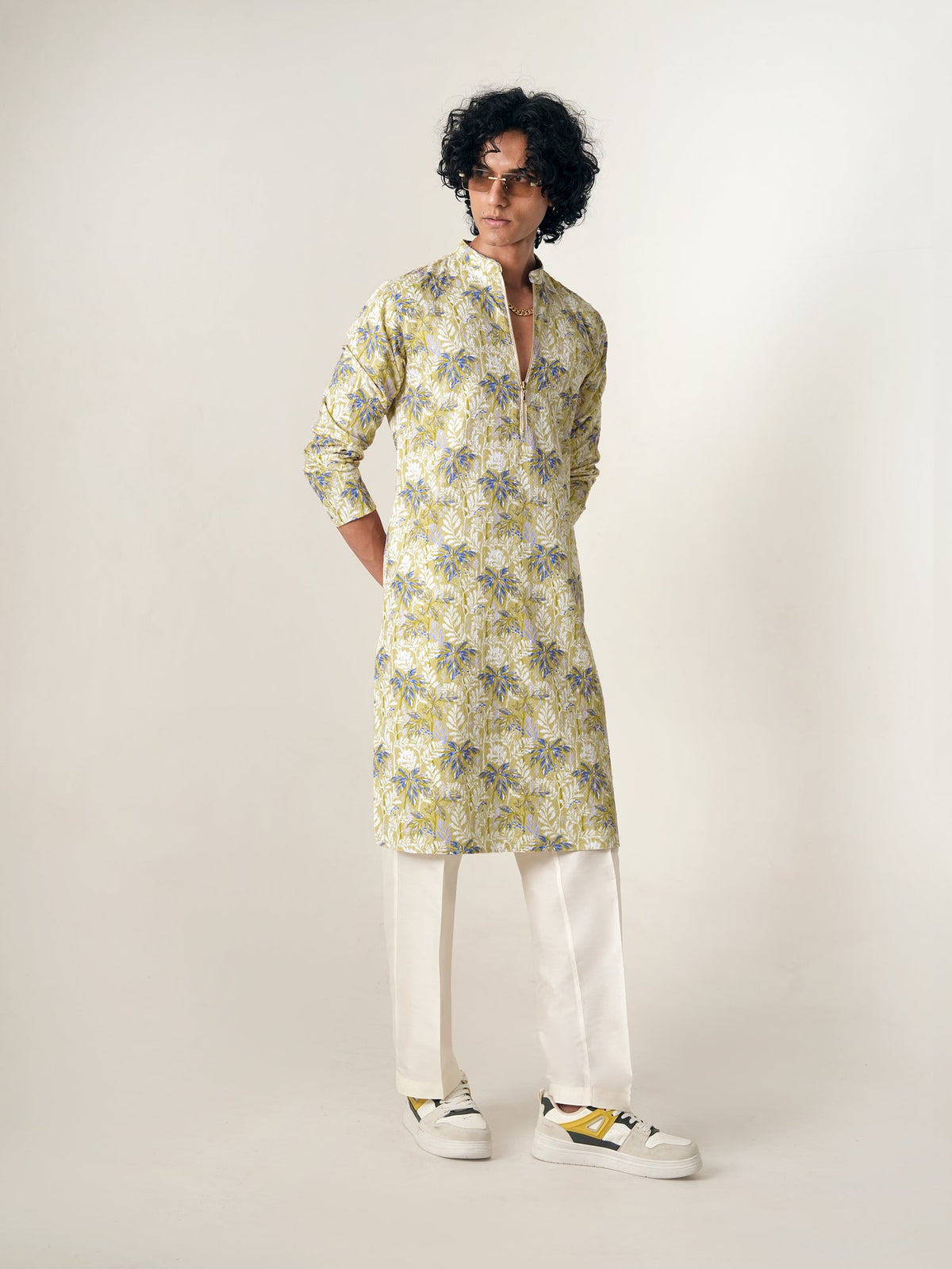 Mens Yellow Polyester Embroidery Zip Kurta