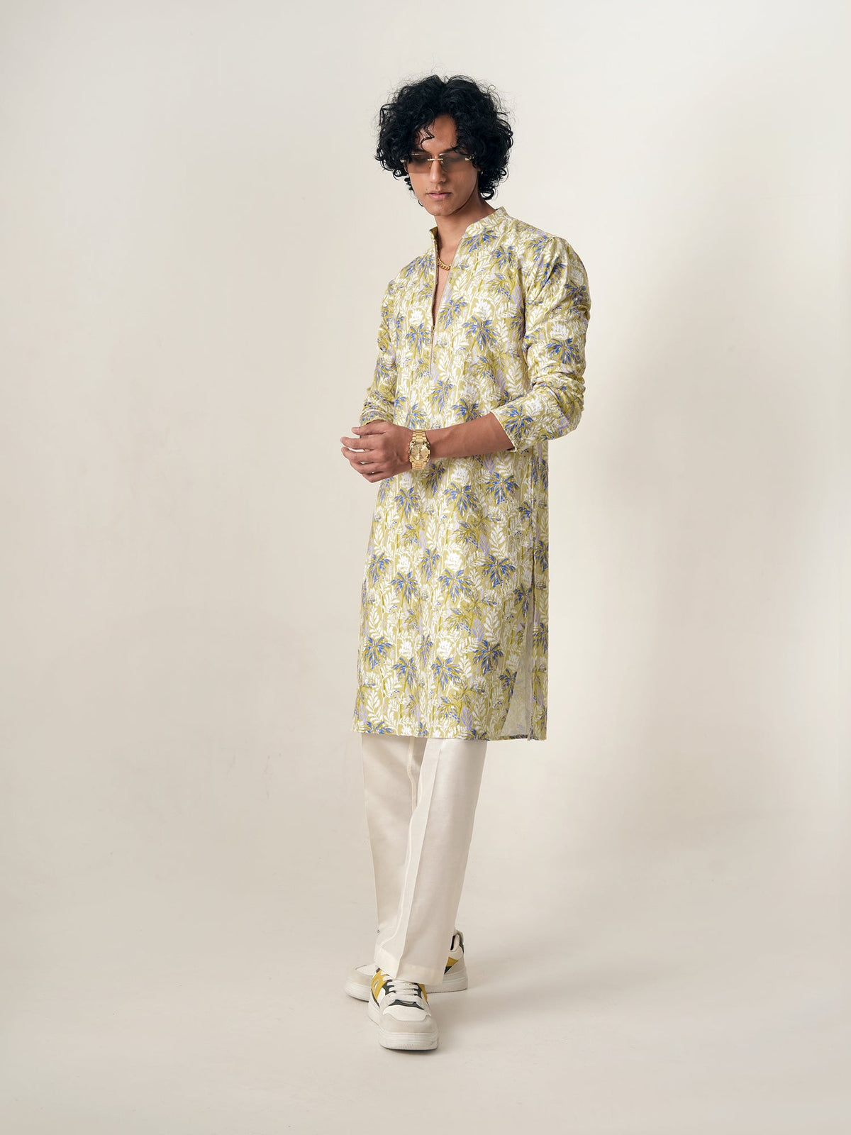 Mens Yellow Polyester Embroidery Zip Kurta