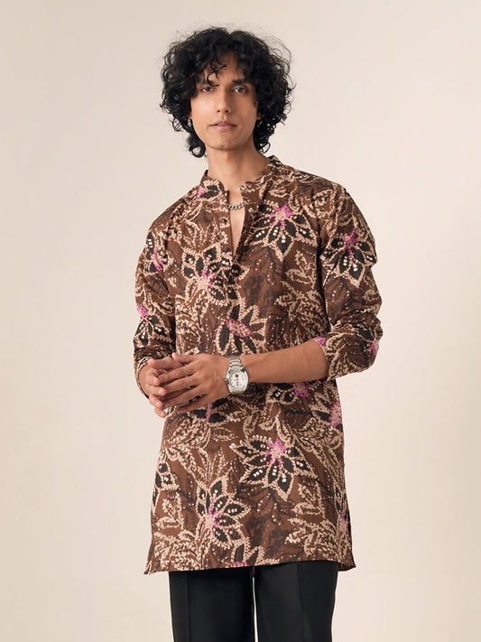 Mens Brown Cotton Print Mid Kurta
