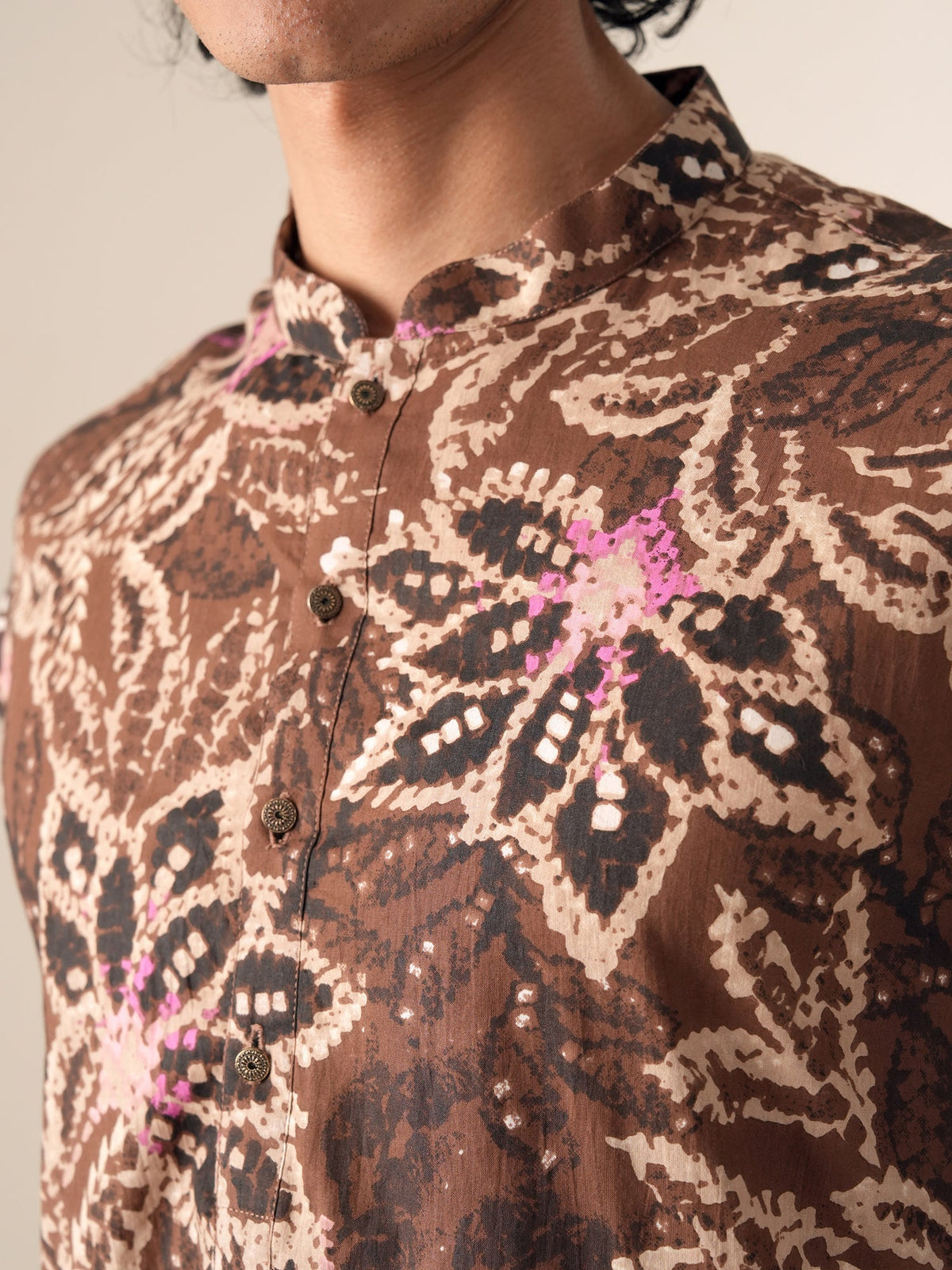 Mens Brown Cotton Print Mid Kurta