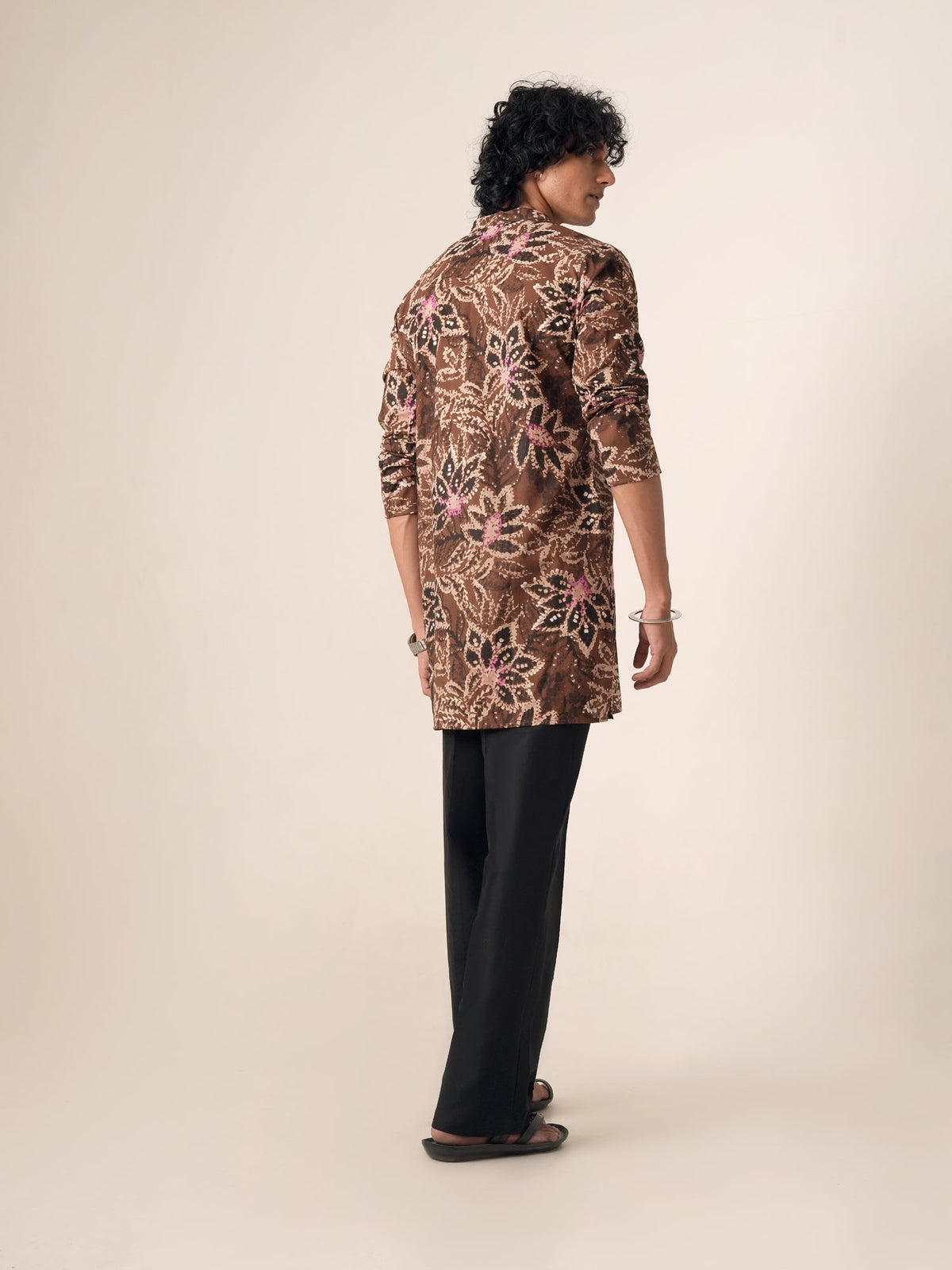 Mens Brown Cotton Print Mid Kurta