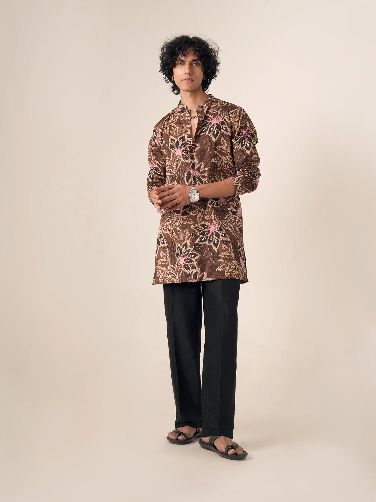 Mens Brown Cotton Print Mid Kurta