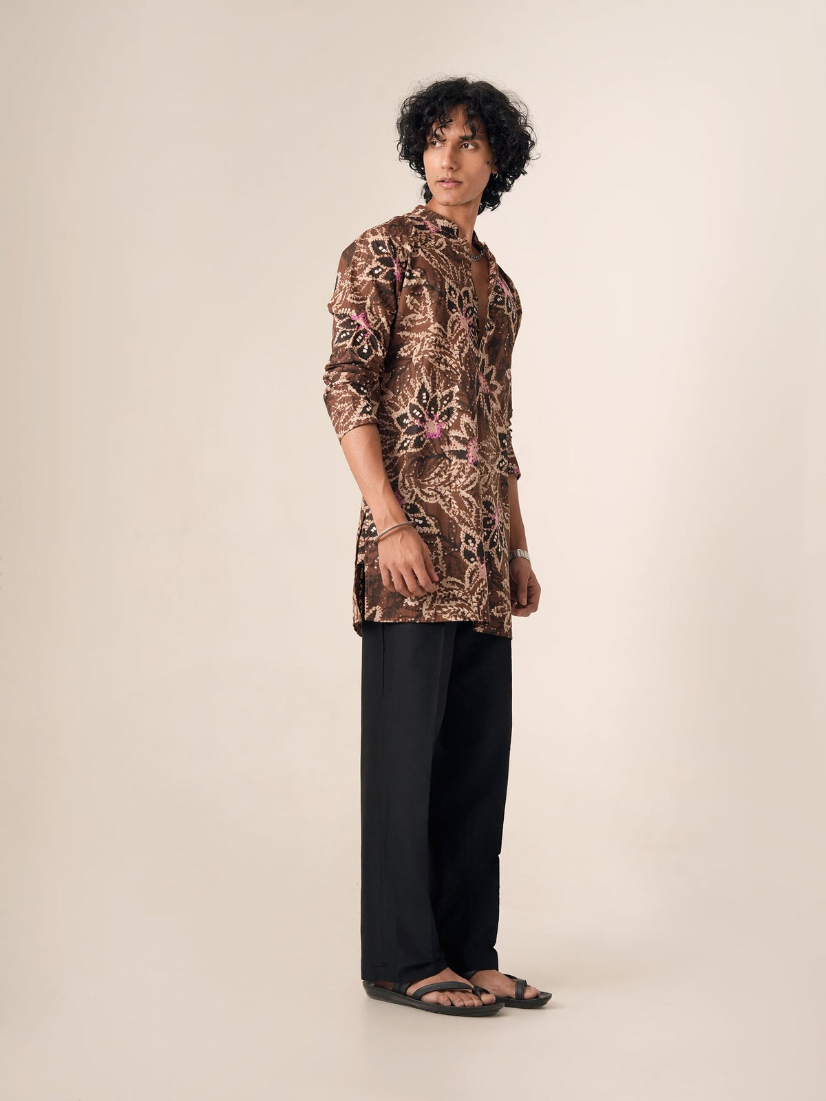 Mens Brown Cotton Print Mid Kurta