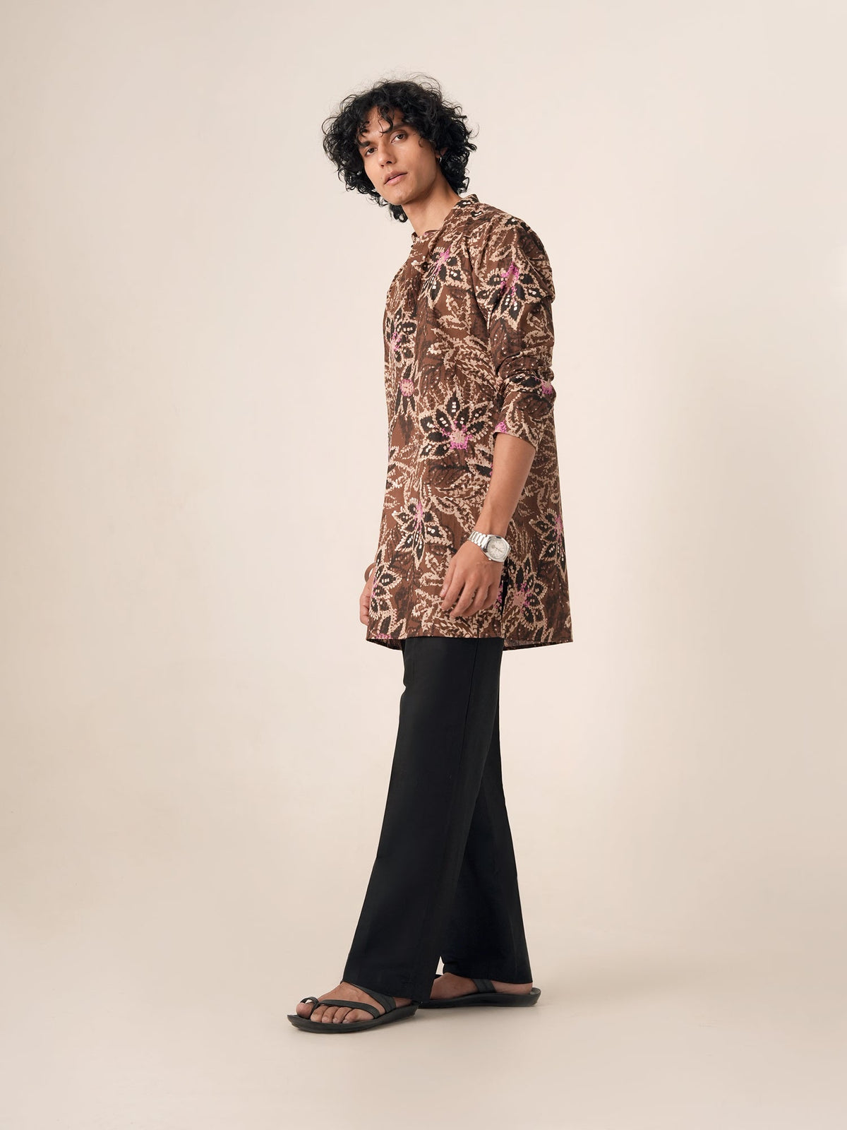 Mens Brown Cotton Print Mid Kurta