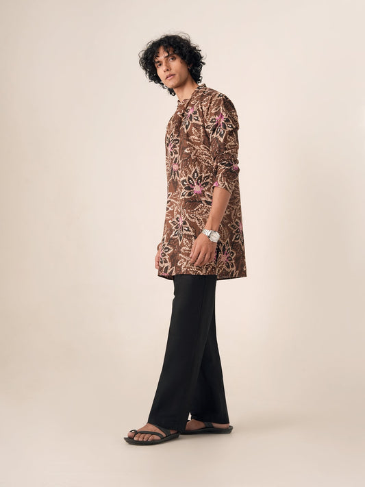Mens Brown Cotton Print Mid Kurta