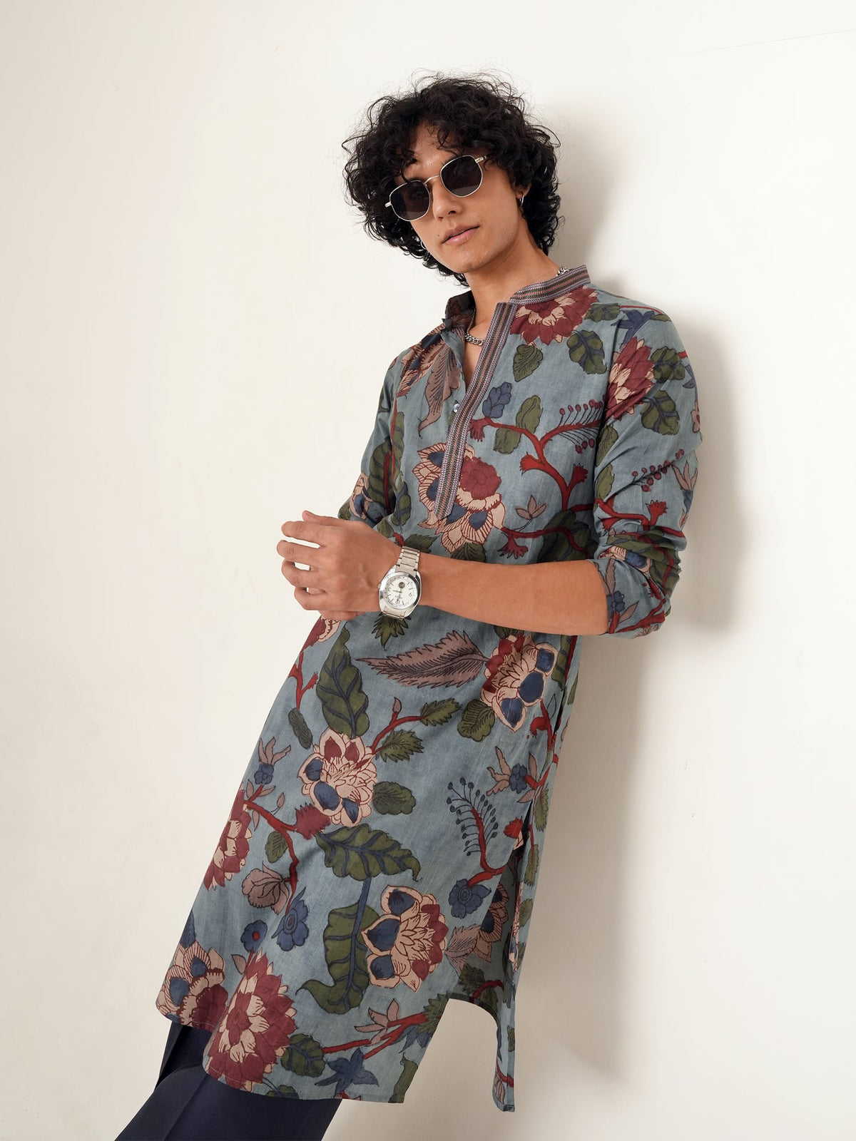 Mens Blue Cotton Print Kurta