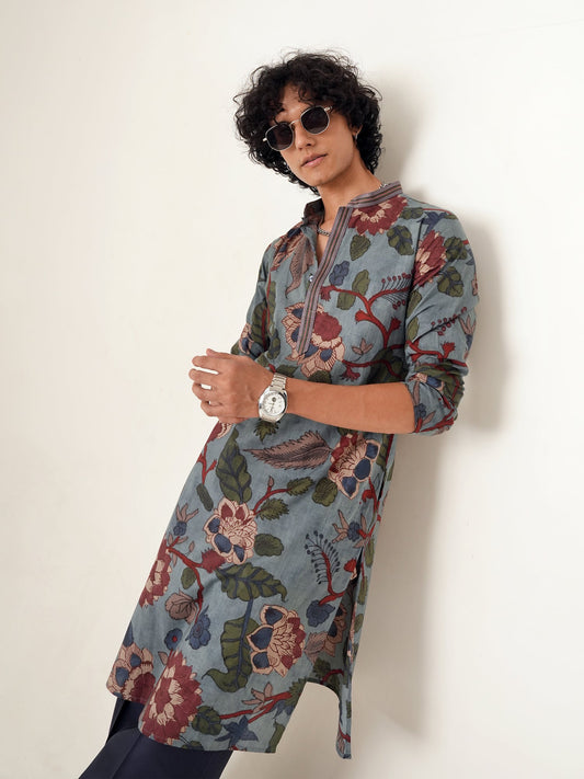 Mens Blue Cotton Print Kurta