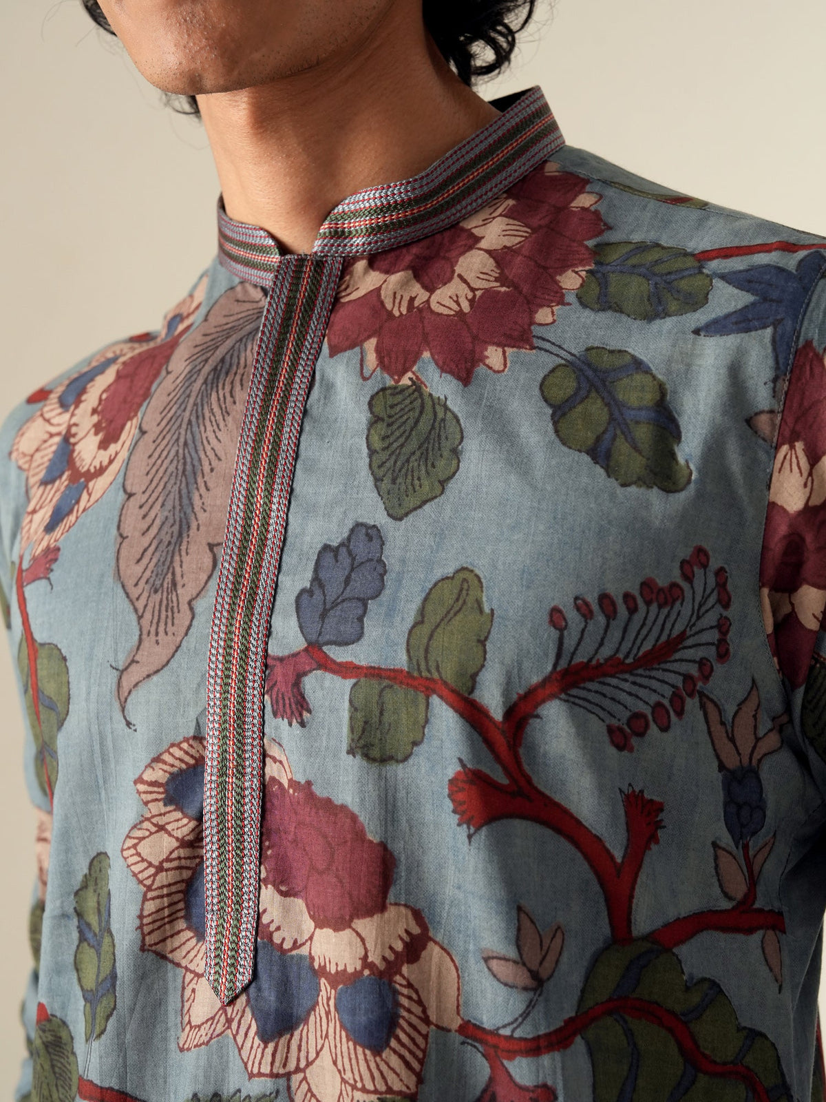 Mens Blue Cotton Print Kurta
