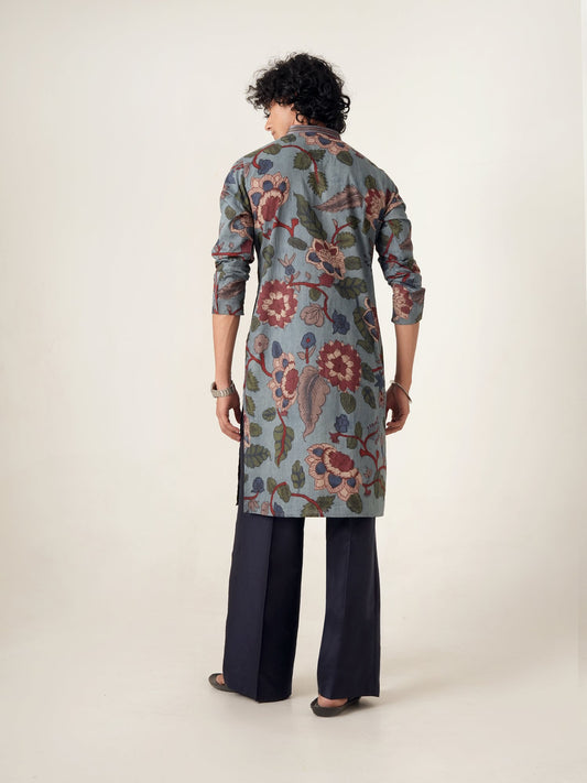Mens Blue Cotton Print Kurta