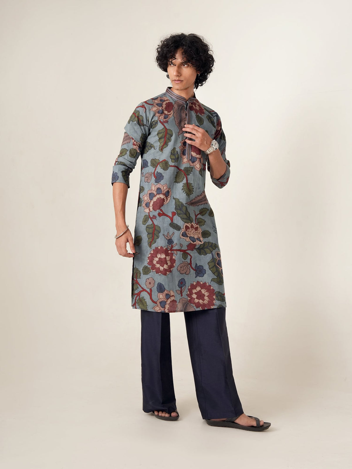 Mens Blue Cotton Print Kurta